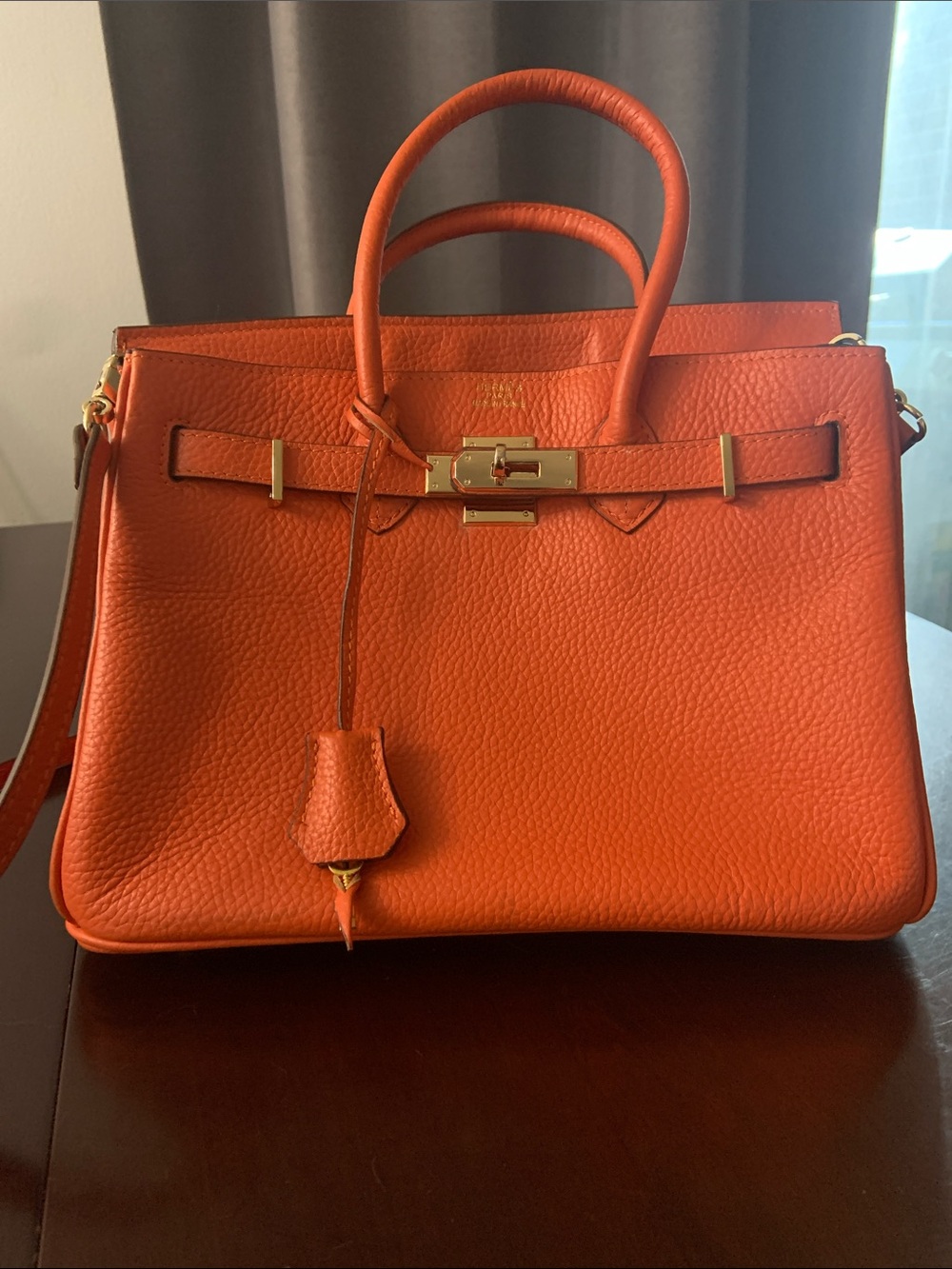 Hermes Orange Textured Leather Top-Handle Shoulder Bag with Gold Hardware